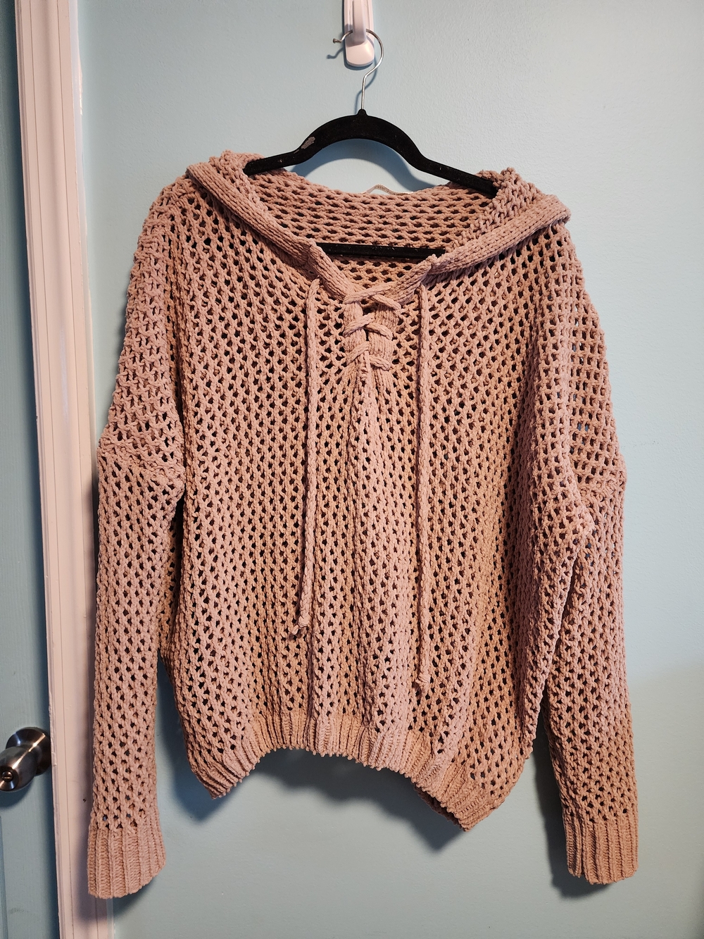 Miracle Beige Open-Knit Lace-Up Hoodie